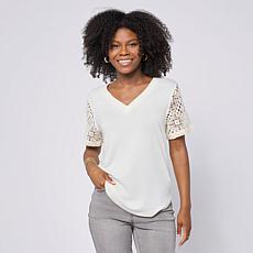 "As Is" DG2 by Diane Gilman Crochet Lace V-Neck Tee