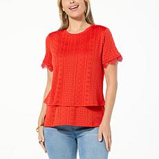 "As Is" DG2 by Diane Gilman Double Layer Jacquard Eyelet Knit Easy Tee