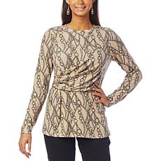 "As Is" DG2 by Diane Gilman Drape Front Long-Sleeve Printed Top