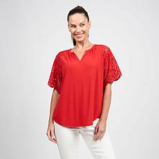 "As Is" DG2 by
Diane Gilman Embroidered Eyelet Sleeve Mixed Media Tee