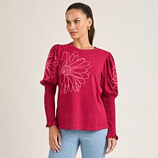 "As Is" DG2 by Diane Gilman Embroidered Juliette-Sleeve Sweater