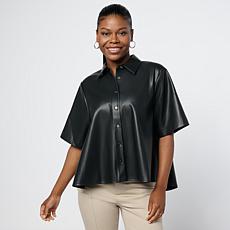 "As Is" DG2 by Diane Gilman Faux Leather Short Sleeve Swing Hem Shirt