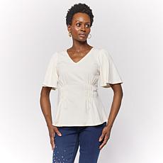 "As Is" DG2 by Diane Gilman Flutter-Sleeve Shirred Waist V-Neck Kni...