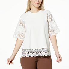 "As Is" DG2 by Diane Gilman Lace Trim Short-Sleeve Easy Top