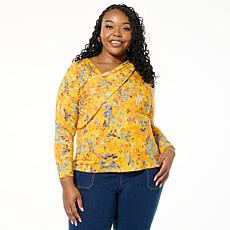 "As Is" DG2 by Diane Gilman Printed Stretch Knit Asymmetric Neck Top