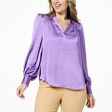 "As Is" DG2 by Diane Gilman Satin V-Neck Puff-Sleeve Blouse