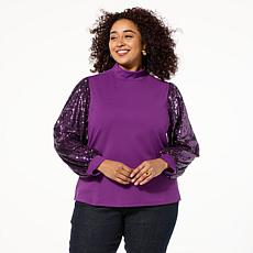"As Is" DG2 by Diane Gilman Sequin Sleeve Mock-Neck Top