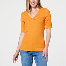 "As Is" DG2 by Diane Gilman Smocked Knit Front Twist V-Neck Top