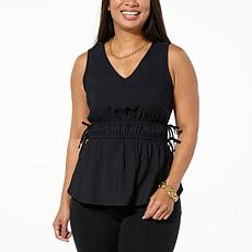 "As Is" DG2 by Diane Gilman Washed Twill Gathered Waist Sleeveless Top