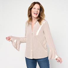 "As Is" G by Giuliana 24K Shine Button Front Top with Flare Sleeves