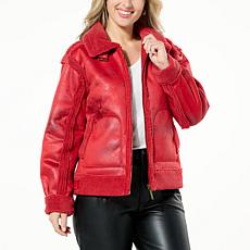 "As Is" G by Giuliana Black Label Faux Suede and Shearling Zip-Fron...