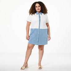 "As Is" G by Giuliana Button-Front Mixed Media Shirtdress