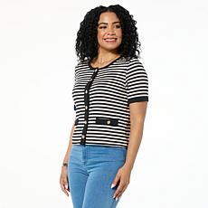 "As Is" G by Giuliana Striped Ribbed Knit Short Sleeve Cardigan