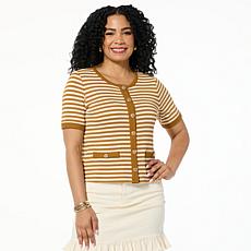 "As Is" G by Giuliana Striped Ribbed Knit Short Sleeve Cardigan