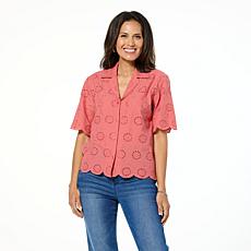 "As Is" HUE Button Down Eyelet Top with Scalloped Trim