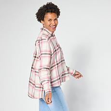 "As Is" HUE Plaid Flannel Button-Down Hi-Low Hem Shirt