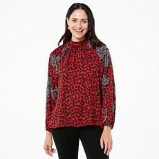 "As Is" IMAN Global Chic Mock Neck Balloon Sleeve Printed Blouse
