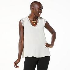 "As Is" IMAN Global Chic Woven V-Neck Tank Top with Lace Trim