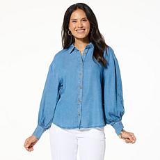 "As Is" Jaclyn Smith Embroidered Cutout Button-Up Poplin Shirt