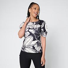 "As Is" Jaclyn Smith Fine Ribbed Knit Pleated Puff-Sleeve Tee