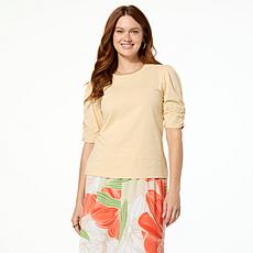 "As Is" Jaclyn Smith Ruched Puff-Sleeve Cotton Slub Knit Tee