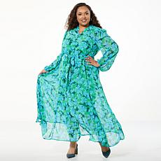 "As Is" Nina Leonard Collared Button Front Chiffon Maxi Dress