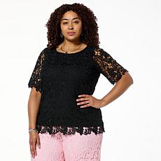"As Is" Nina Leonard Elbow Sleeve Lace Top