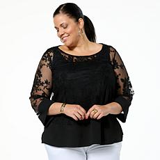 "As Is" Nina Leonard Embroidered Mesh Knit 3/4-Sleeve Tunic