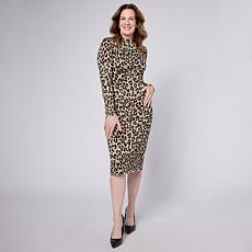 "As Is" Nina Leonard Jacquard Long-Sleeve Mock-Neck Sheath Dress