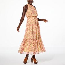 "As Is" Nina Leonard Printed Chiffon Dress with Smocked Detail