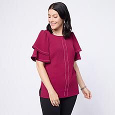 "As Is" Nina Leonard Round Neck Double Flutter Sleeve Top