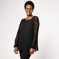 "As Is" Nina Leonard Round Neck Pleat Chiffon Top