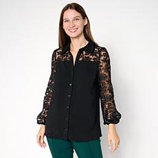 "As Is" Nina Leonard Textured Wave and Embroidered Mesh Top