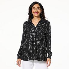 "As Is" Nina Leonard Textured Wave Foil Print Button Down Top