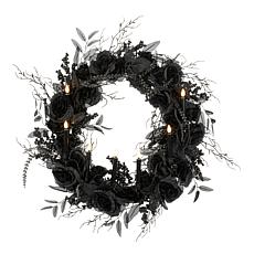 "As Is" Spooky Lane Black Rose Wreath with Candles