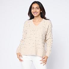 "As Is" Tower Hill by Christie Brinkley Embellished Cable Knit Sweater