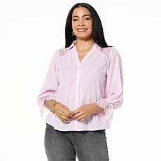 "As Is" TWRHLL by Christie Brinkley Lace Sleeve Button-Down Top