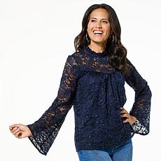 "As Is" TWRHLL by Christie Brinkley Sequined Lace Bell Sleeve Blouse
