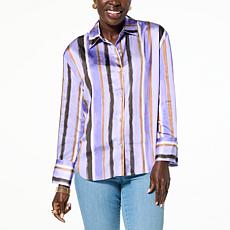 "As Is" WynneLayers Printed Satin Button-Down Shirt with Cuff Detail