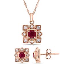 Bellini 10K Rose Gold Ruby and Diamond Artisanal Pendant and Earrings