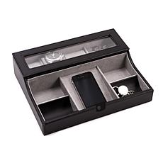 Bey-Berk Black Leather Valet Box for 3 Watches and Cufflinks