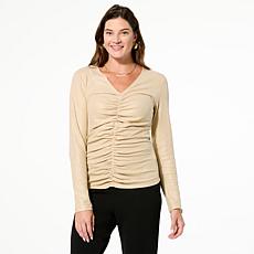 C Wonder Metallic Shirred Front Ribbed Knit Top