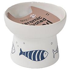 Dexypaws: Elevated 7oz Feeding Dish Ceramic Cat Bowl, White/Navy Fish