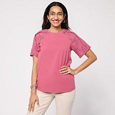 DG2 by Diane Gilman Cotton Jersey Mixed Media Eyelet Sleeve Top