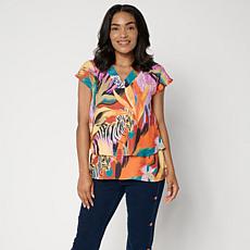 DG2 by Diane Gilman Crepe de Chine V-Neck Cap-Sleeve Easy Top