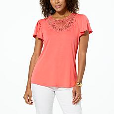 DG2 by Diane Gilman Crochet Lace Yoke Flutter Sleeve Top