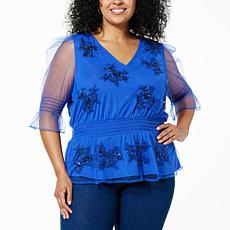 DG2 by Diane Gilman Embroidered Mesh Knit Puff-Sleeve Smocked Top