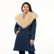 DG2 by Diane Gilman Faux Fur Trimmed Stretch Denim Trench Coat