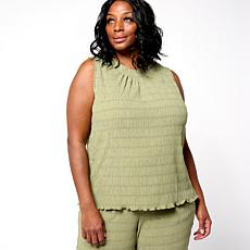 DG2 by Diane Gilman Knit Micro Plisse Gathered Neck Sleeveless Top