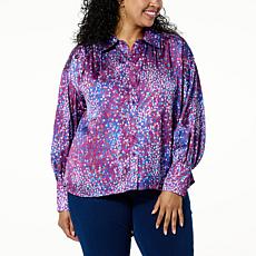 DG2 by Diane Gilman Printed Satin Button-Up Blouse